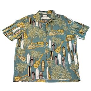 Diamond Head Sportswear Mens Hawaiian Shirt Teal Surfboard Ukulele PalmTree L/XL